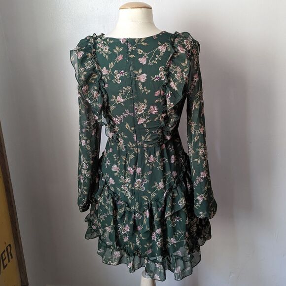 Long Sleeve Green Floral Ruffle Mini Dress Size 8 - Picture 3 of 6